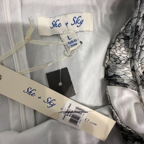 She + Sky Women Gray White Maxi Dress Snake Skin V Neck Summer Size L - Picture 5 of 9